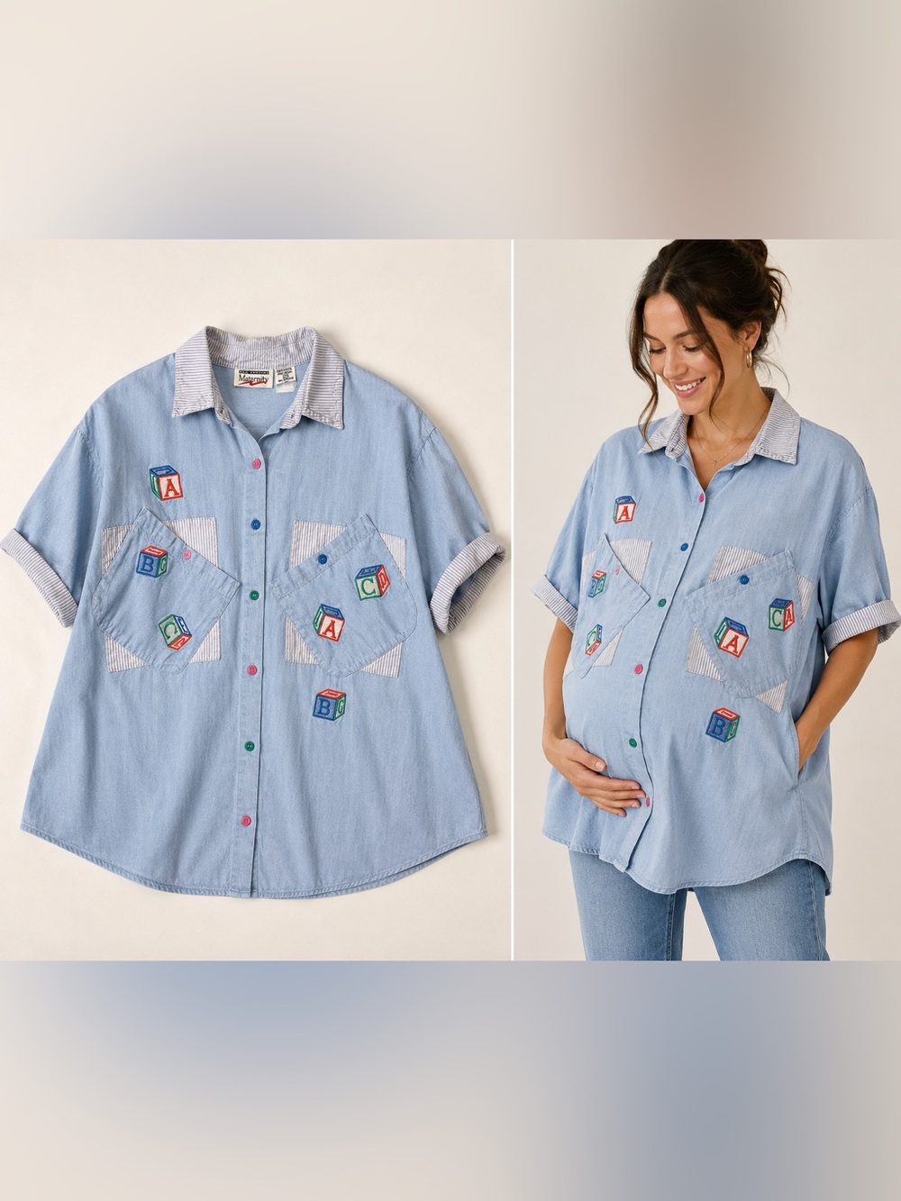 Vintage Maternity ABC Block Embroidered Button Up Shirt Baby Shower Cottagecore